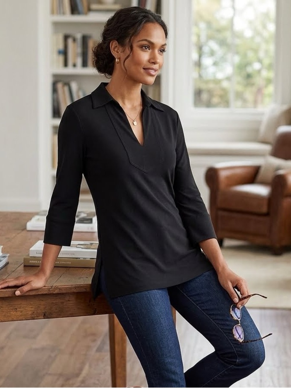 *Final Price* Ralph Lauren | Black Collared 3/4 Sleeve Tunic Blouse Size Medium